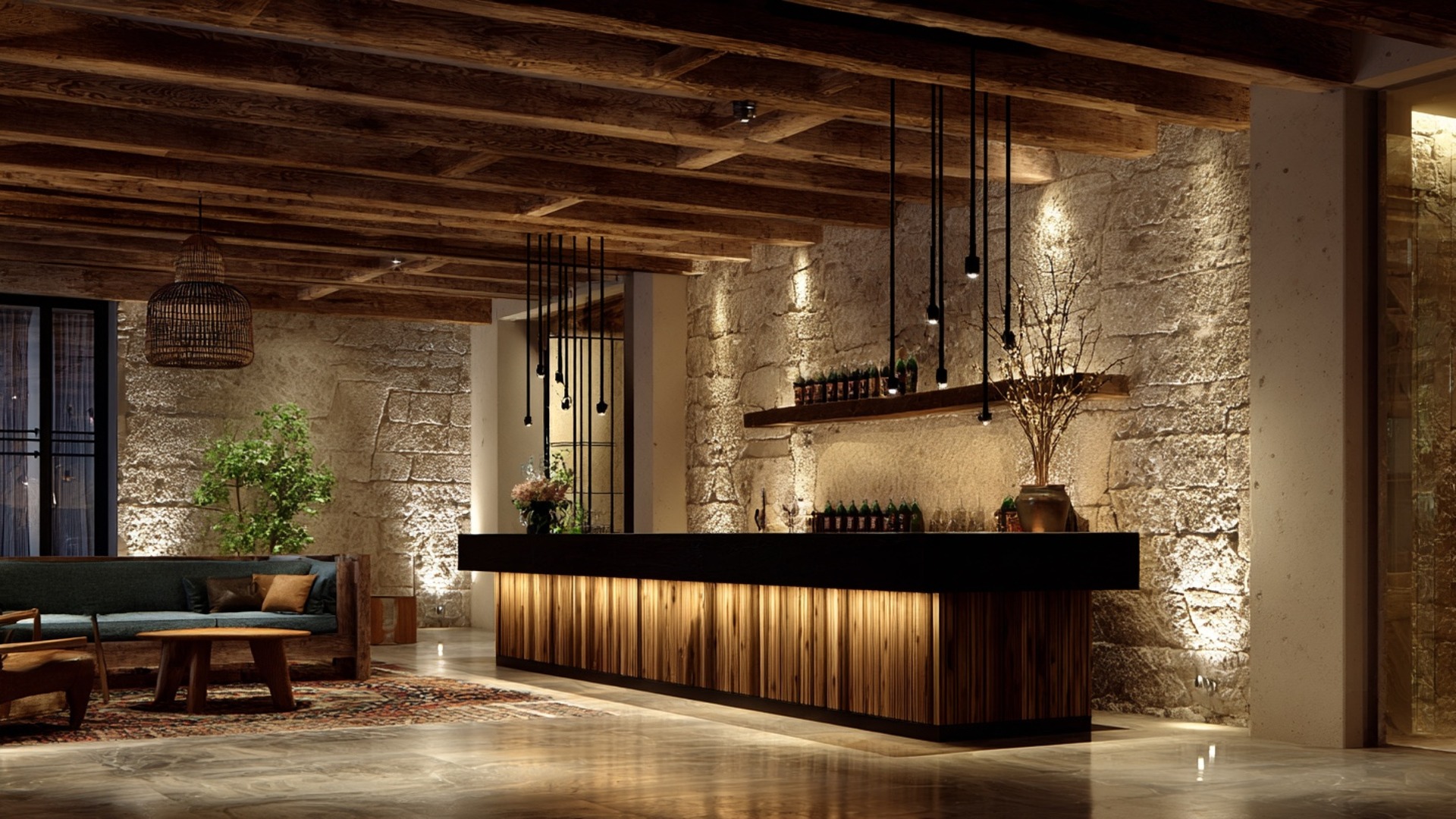 Warm boutique hotel bar with stone walls and refined design