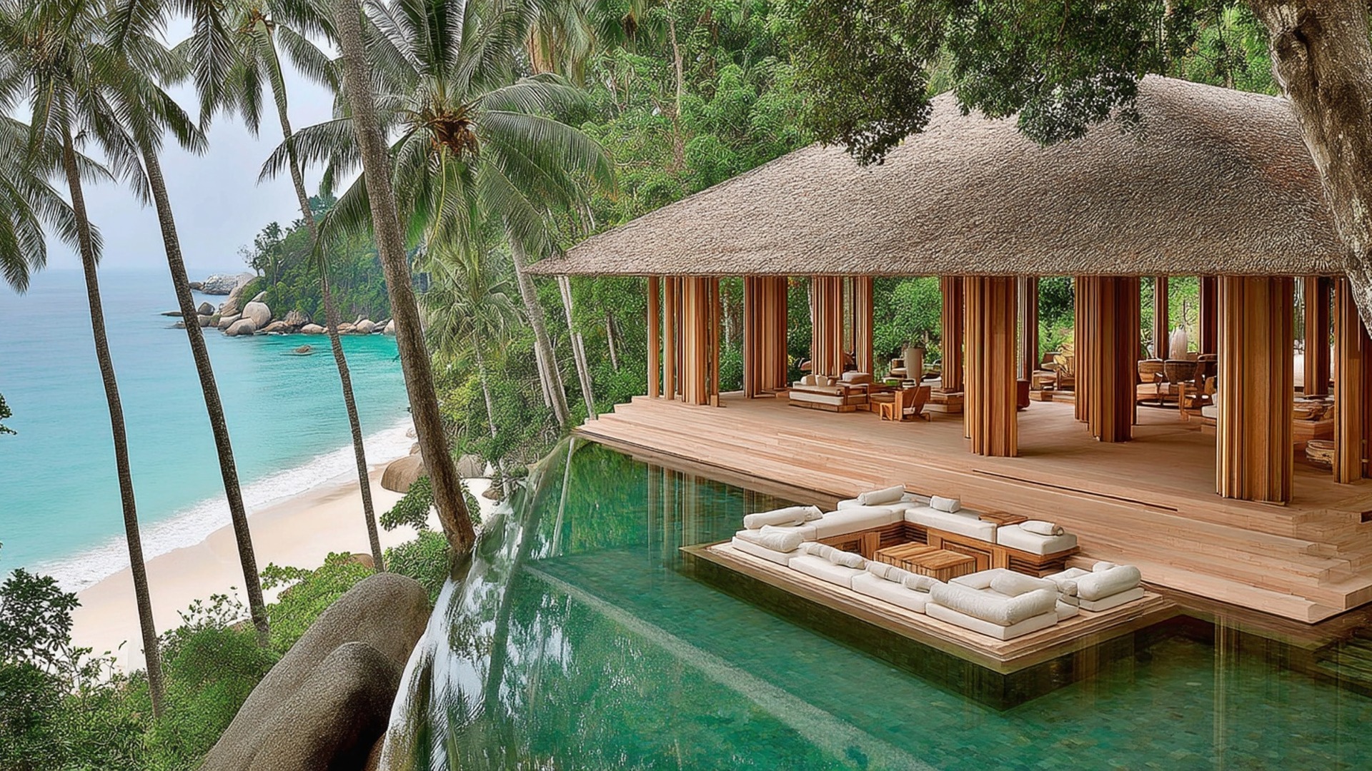Luxury boutique resort overlooking tropical water and palm trees