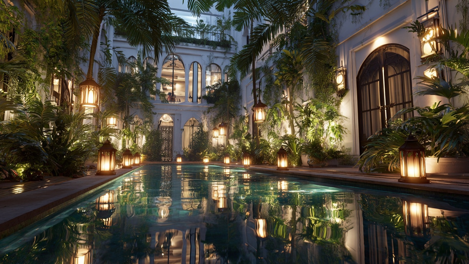 Elegant boutique hotel courtyard pool at night with lanterns