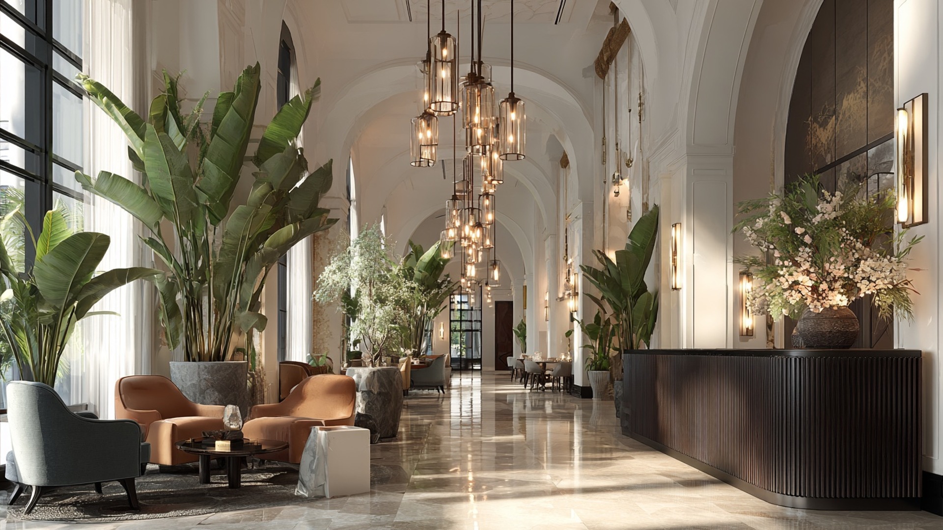 Luxury boutique hotel lobby with elegant lighting and tropical plants