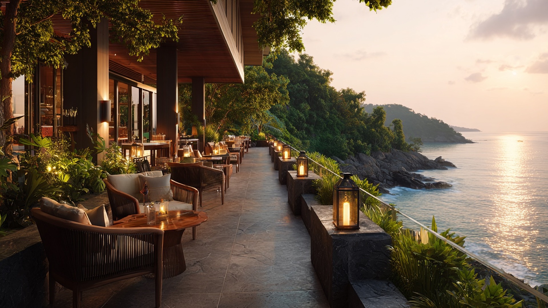 Luxury oceanfront hotel terrace at sunset